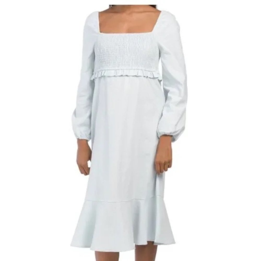 7 For All Mankind Linen Blend Smocked Puff Sleeve Dress NWT